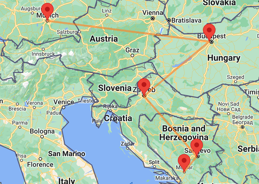 Carte montrant l’itinéraire de Munich à Mostar