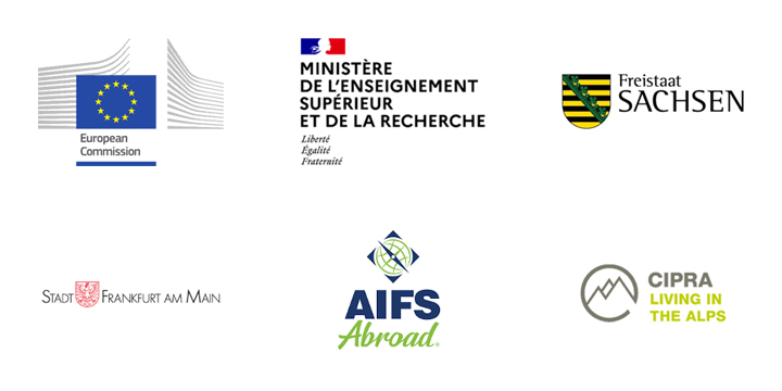 Logos of the European Commission, Ministere de l'Enseignement supérieur et de la Recherche, Freistaat Sachsen, Stadt Frankfurt am Main, AIFS Abroad, and Cipra Living in the Alps