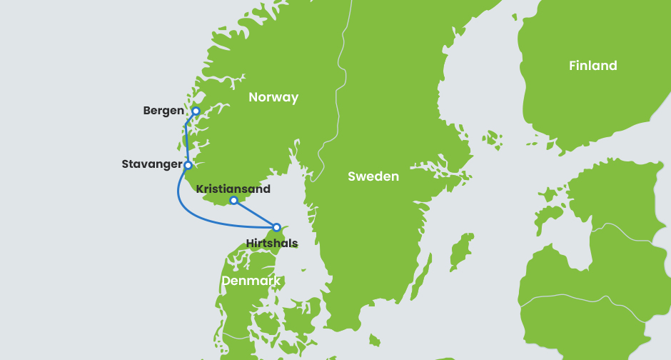 Mapa con ruta de ferry Fjordlines