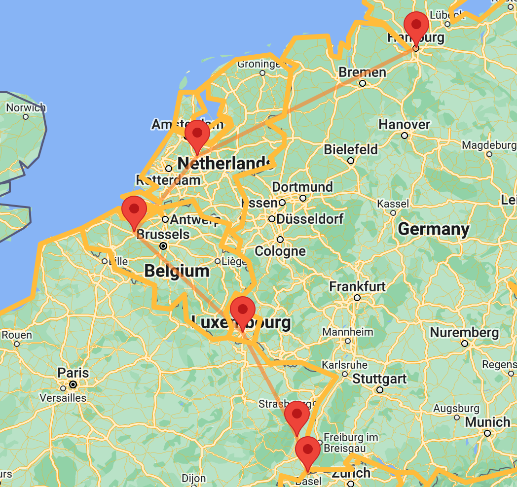 Kaart van de reisroute (Hamburg, Utrecht, Gent, Luxemburg-stad, Colmar, Basel)