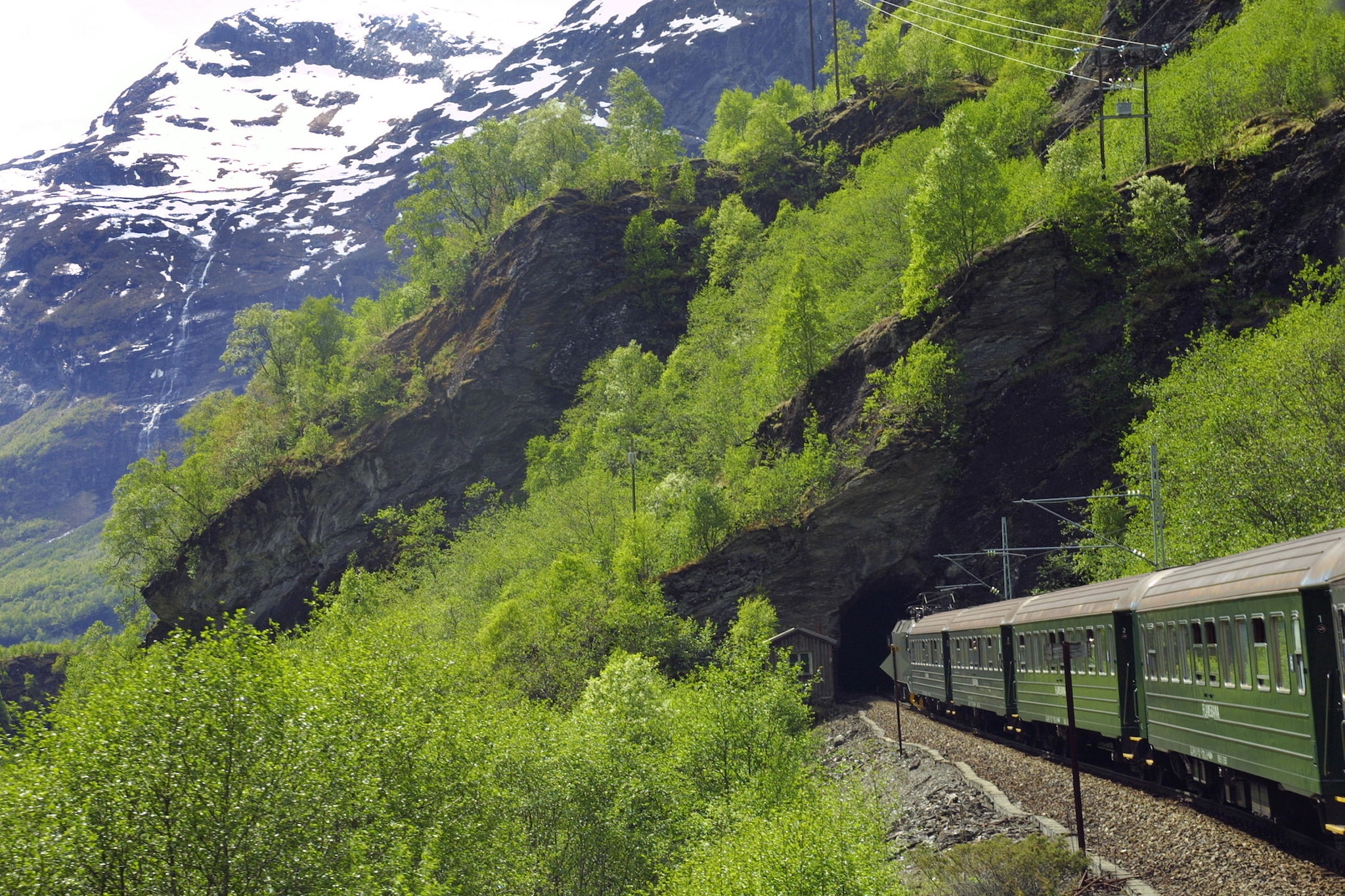 Tren del Ferrocarril Flåm en paisaje de montaña