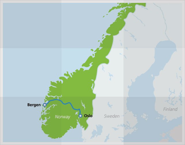 Carte de l'itinéraire de la voie ferrée de Bergen