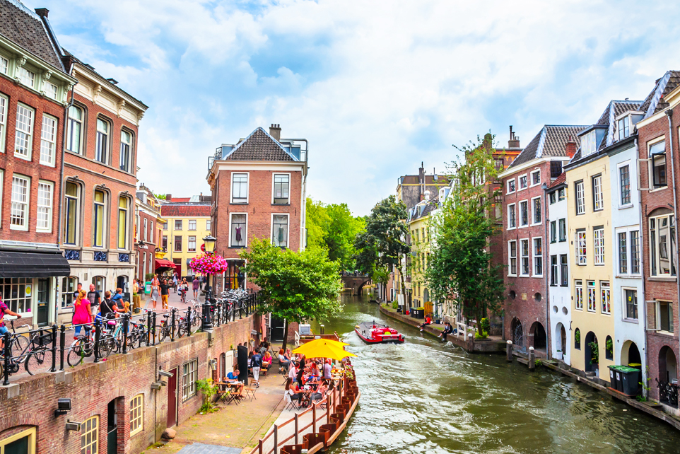 Traditional Dutch houses along the Oudegracht canal in the centre of Utrecht, Netherlands