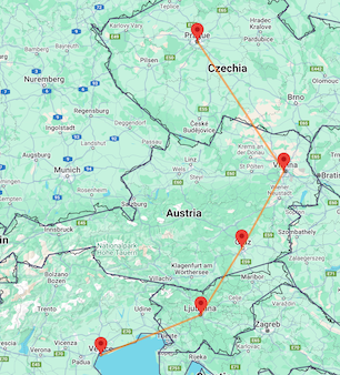 Map showing stops in Venice, Ljubljana, Graz, Vienna and Prague