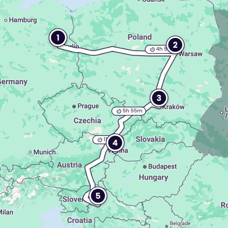 Map of itinerary (Berlin, Warsaw, Krakow, Bratislava, Zagreb)
