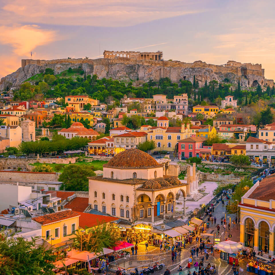 View of the Monastiraki square in Athens, with the Parthenon and the Acropolis also visible in the background. 