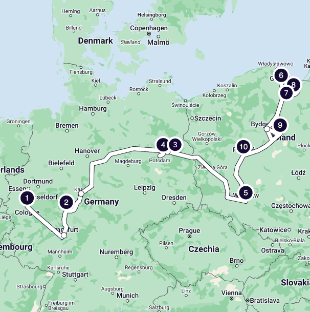 Un mapa de la ruta sugerida del histórico Imperio prusiano