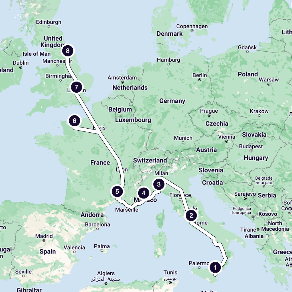 Un mapa de la ruta sugerida desde el Imperio romano hasta el Imperio normando 