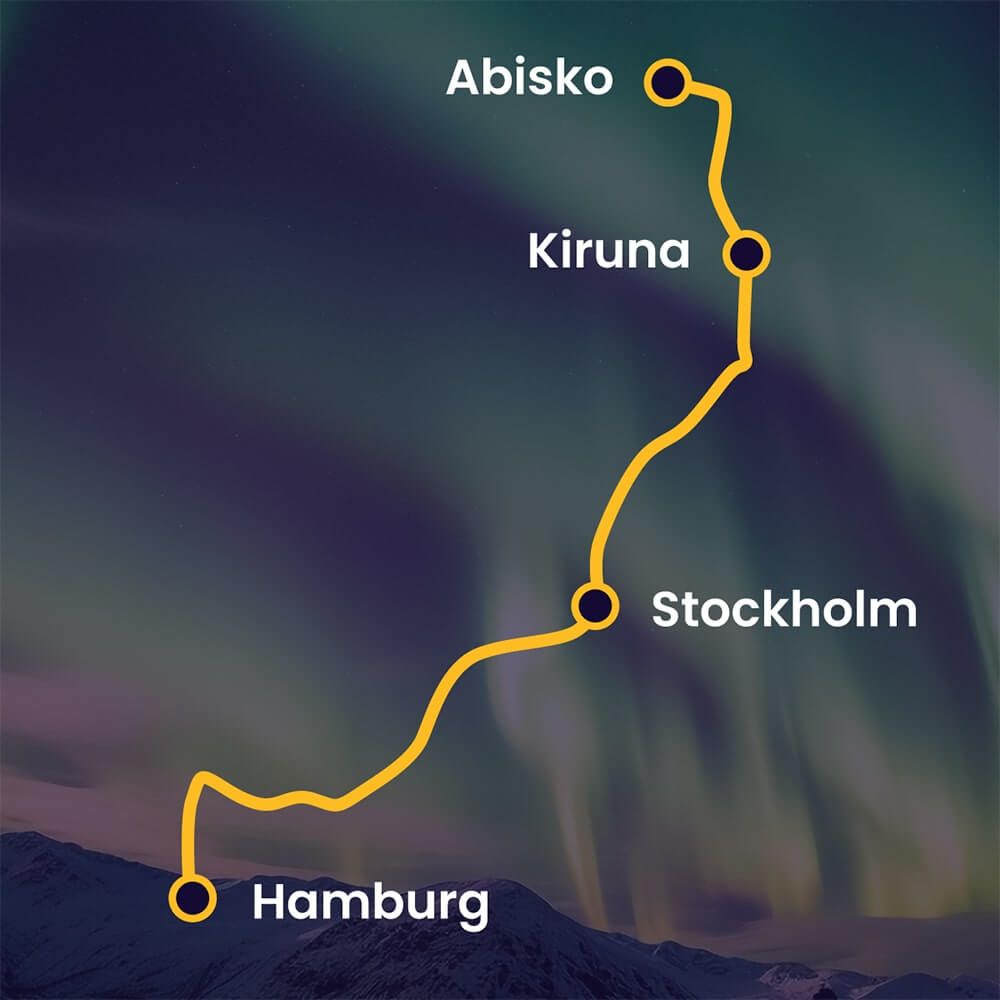 Carte illustrant le voyage en train de Hambourg à Stockholm, Kiruna et Abisko 