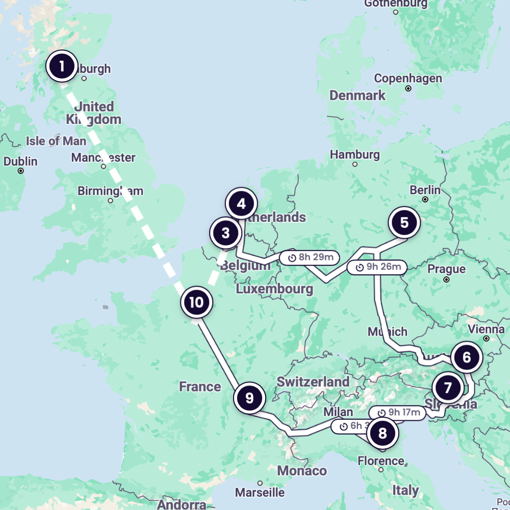 ハンブルクからボルドーまでの列車のルートを示す地図、途中でブレーメン、アムステルダム、ハーグ、ゲント、ブルージュ、パリに停車。