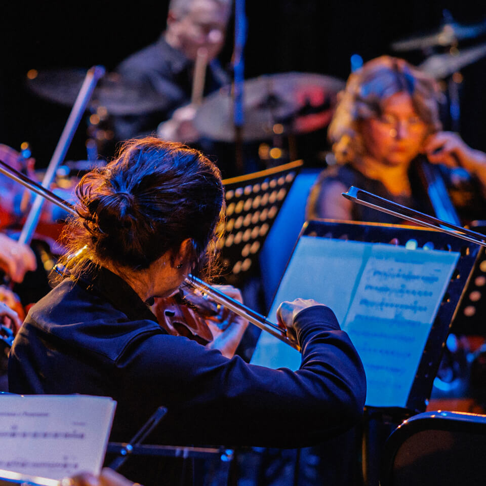 Een vrouw die vakkundig viool speelt in een levendig orkest, omringd door andere musici.