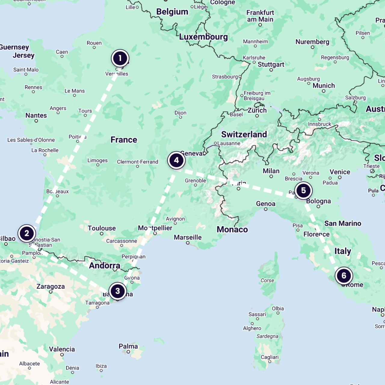 Een kaart met de route naar Parijs, San Sebastian, Barcelona, Lyon, Emilia-Romagna en Rome