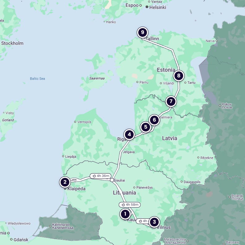 Kaart van de reisroute die vanuit het centrum van Zuid-Litouwen noordwaarts door Letland naar de noordkust van Estland loopt.