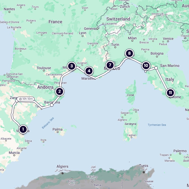 Kaart van de reisroute rond de Middellandse Zee van west naar oost, beginnend in Spanje, door Frankrijk en eindigend in Italië
