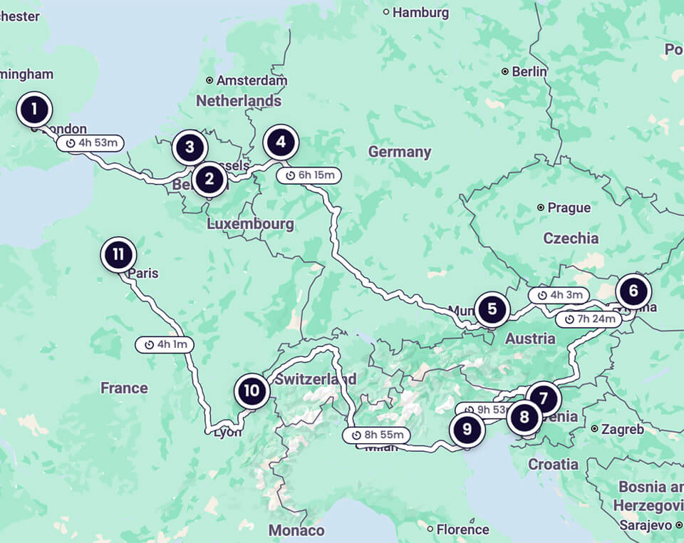显示杰西卡穿越欧洲路线的地图